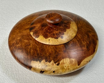 Amboyna Burl Lidded Saucer Box / Lathe Turned Wood Box / Pet Cremation Urn Keepsake Stash Box Turned Boxes Birds Eye Redwood Red Mallee Burl