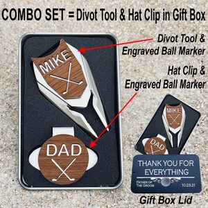 Regalo personalizado para padrinos de boda: marcador de pelota de golf grabado y herramienta para hacer hoyos. COMBO SET