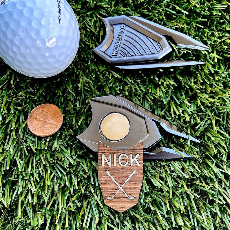 Engraved Walnut Wood Golf Ball Marker and Divot Tool
