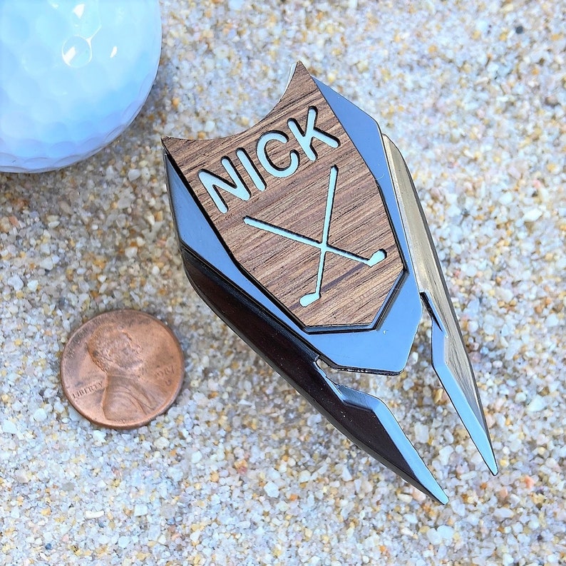 Engraved Walnut Wood Golf Ball Marker and Divot Tool