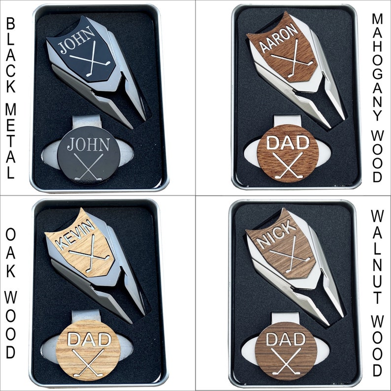 Engraved Wood Golf Ball Marker and Divot Tool Golf Gift Sets