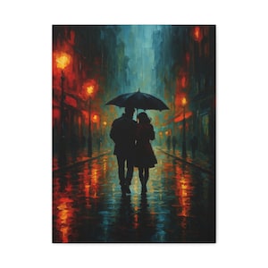 Rainy Romance Romantic Couple Walking Under Umbrella  Moody City Street Wall Art | 18x24 Canvas Print
