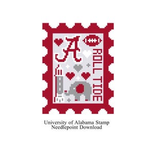 May include: A red and white stamp design featuring the letter "A", a football, hearts, and an elephant. The words "ROLL TIDE" are vertically displayed. The text "University of Alabama Stamp Needlepoint Download" is at the bottom.