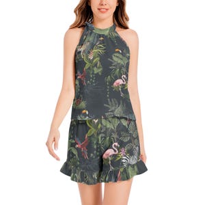 Tie Neck Halter Top and Ruffle Hem Short Set