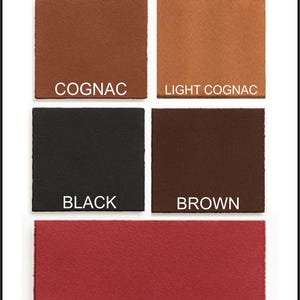May include: Image displaying a color chart with the text "CHOOSE YOUR COLOR". The chart shows five color swatches: Cognac, Light Cognac, Black, Brown, and Red.