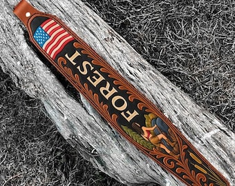 Hunting Sling, Hand Tooled Personalized Leather Padded Sling, Embossed Leather Shoulder Strap