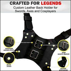 Black leather sword harness with adjustable straps, brass rivets, and metal buckles—perfect for carrying swords, axes, and cosplay accessories. Ideal Comic Con gear with text and labels highlighting product features.