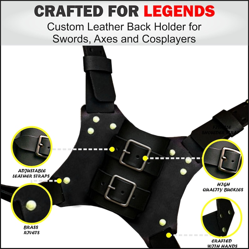 Black leather sword harness with adjustable straps, brass rivets, and metal buckles—perfect for carrying swords, axes, and cosplay accessories. Ideal Comic Con gear with text and labels highlighting product features.