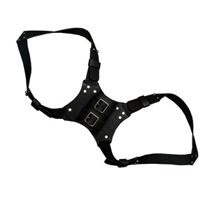 Black leather sword harness with metal buckles and studs.