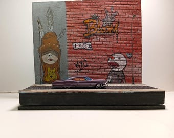 Handmade Urban Diorama - Film Noir Cityscape with Graffiti Art