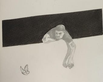 Isolation– Surreale Minimalistische Bleistift Zeichnung, Dunkle Traumlandschaft, Wandbild (21 cm x 29,7 cm)