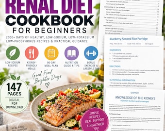 Libro de cocina fácil para dietas renales en PDF, recetas aptas para principiantes, ideas de comidas bajas en sodio, descarga instantánea.
