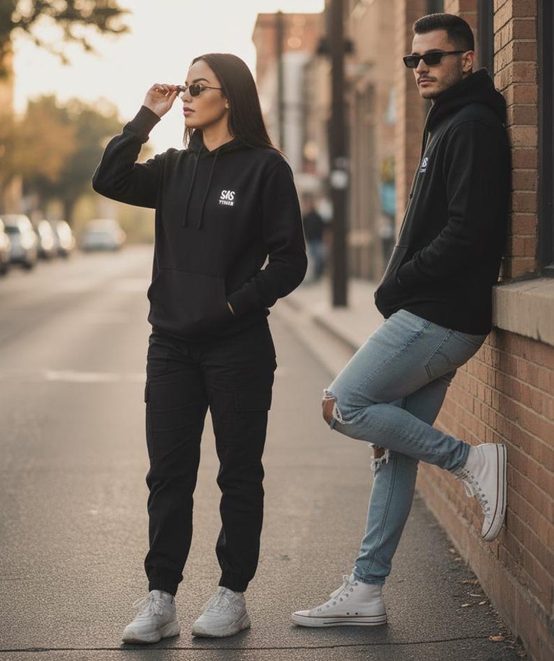 May include: Two people wearing black hoodies with the text "SAS" on the chest, black pants, and white sneakers. One person wears sunglasses and black cargo pants. The other person wears light blue ripped jeans and white high-top sneakers.