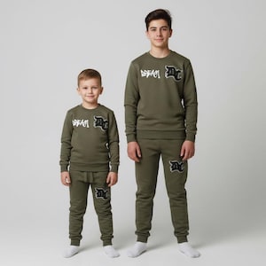 Kids' Cozy Olive Green Sweat Suit Set | Graffiti Style "DC" Graphic | Loungewear | Winter Wear