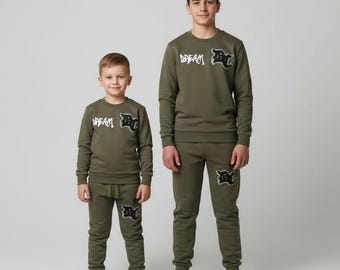 Kids' Cozy Olive Green Sweat Suit Set | Graffiti Style "DC" Graphic | Loungewear | Winter Wear