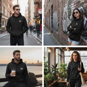 May include: Black hooded sweatshirts with the text "SAS TEXAS" are worn by four people in different settings. The sweatshirts have a front pocket and a drawstring hood. The people are in an urban environment, near a brick wall, and in a cafe.