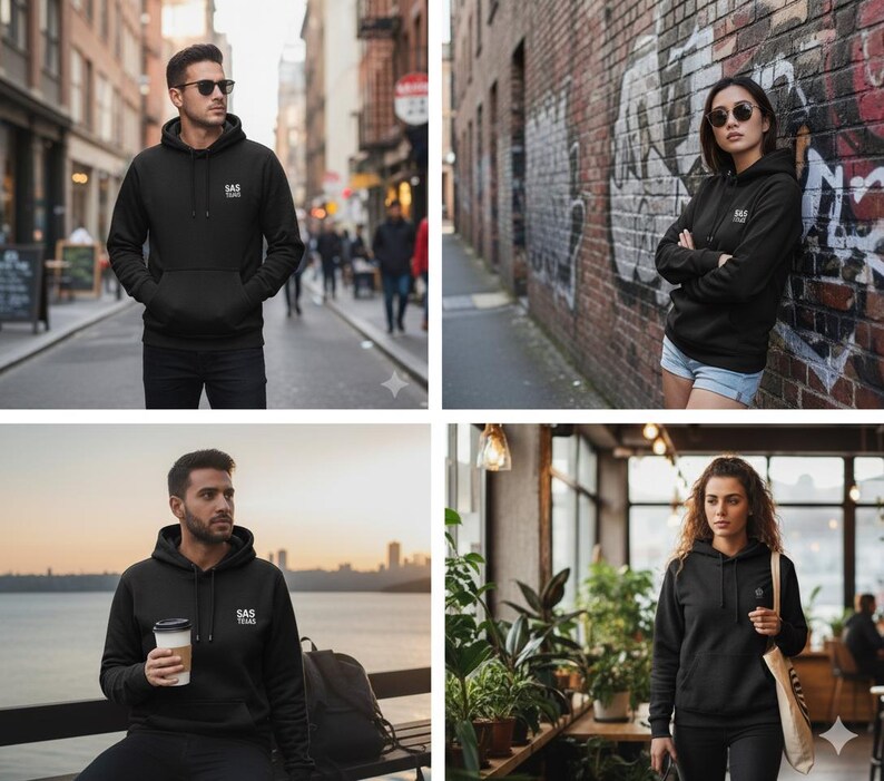 May include: Black hooded sweatshirts with the text "SAS TEXAS" are worn by four people in different settings. The sweatshirts have a front pocket and a drawstring hood. The people are in an urban environment, near a brick wall, and in a cafe.