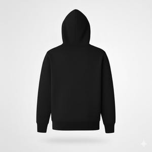 May include: A solid black hoodie with a drawstring hood and long sleeves. The back view of the sweatshirt is shown against a white background. The hoodie has a ribbed hem and cuffs.