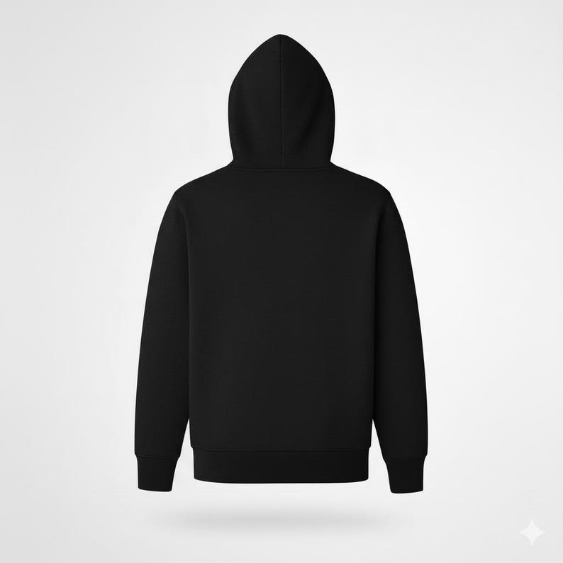 May include: A solid black hoodie with a drawstring hood and long sleeves. The back view of the sweatshirt is shown against a white background. The hoodie has a ribbed hem and cuffs.