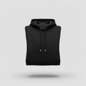 May include: A black hoodie with a drawstring hood and a kangaroo pocket. The hoodie is a solid color and appears to be made of a soft material. The drawstring ends have silver metal tips.