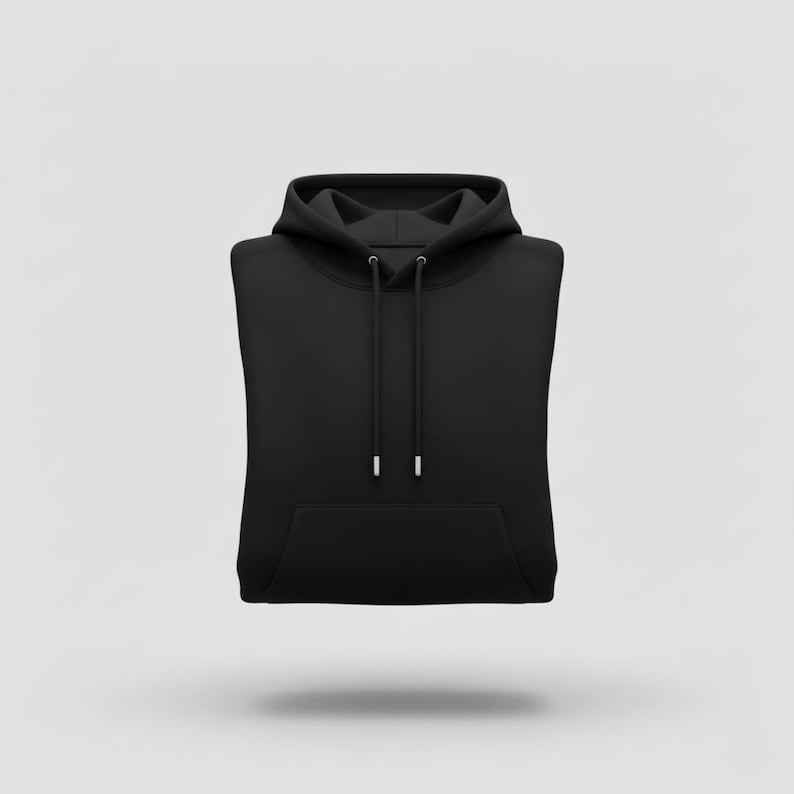 May include: A black hoodie with a drawstring hood and a kangaroo pocket. The hoodie is a solid color and appears to be made of a soft material. The drawstring ends have silver metal tips.