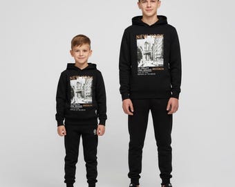 Kids' Cozy Fleece Black Hoodie & Joggers | NYC Street Style Set | Winter Wear