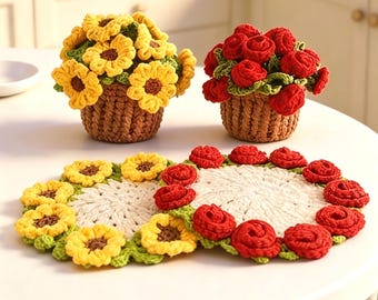 Handmade Crochet Flower Coaster &Mini Flower Basket, Sunflower Rose Floral Table Decor, Housewarming Gift, Boho Home Ornament, Kitchen Decor