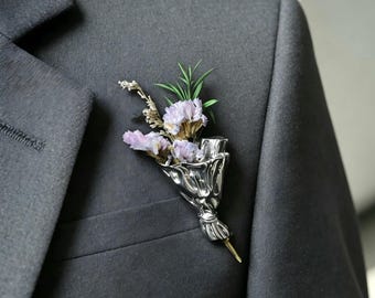 Wearable Flower Vase Brooch, Mini Bouquet Lapel Pin for Fresh/Dried Flowers, Artful Suit & Dress Accessory, Gift for Her
