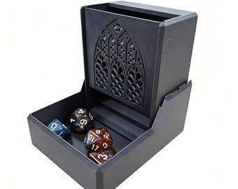 Torre per dadi pieghevole in stile gotico, mini torre per dadi stampata in 3D con contenitore, accessorio per giochi di ruolo da tavolo D&D.