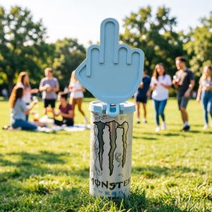 May include: A light blue plastic can topper shaped like a hand with an extended middle finger, attached to a silver Monster Energy Ultra can. The topper features a hinged design that fits over the top of the beverage container.