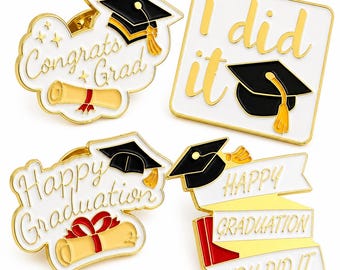 Graduation Enamel Pin Set of 4 Hard Enamel Gold Brooch | Congrats Grad I Did It Happy Graduation Pins | Grad Cap Badge |Graduation Gift