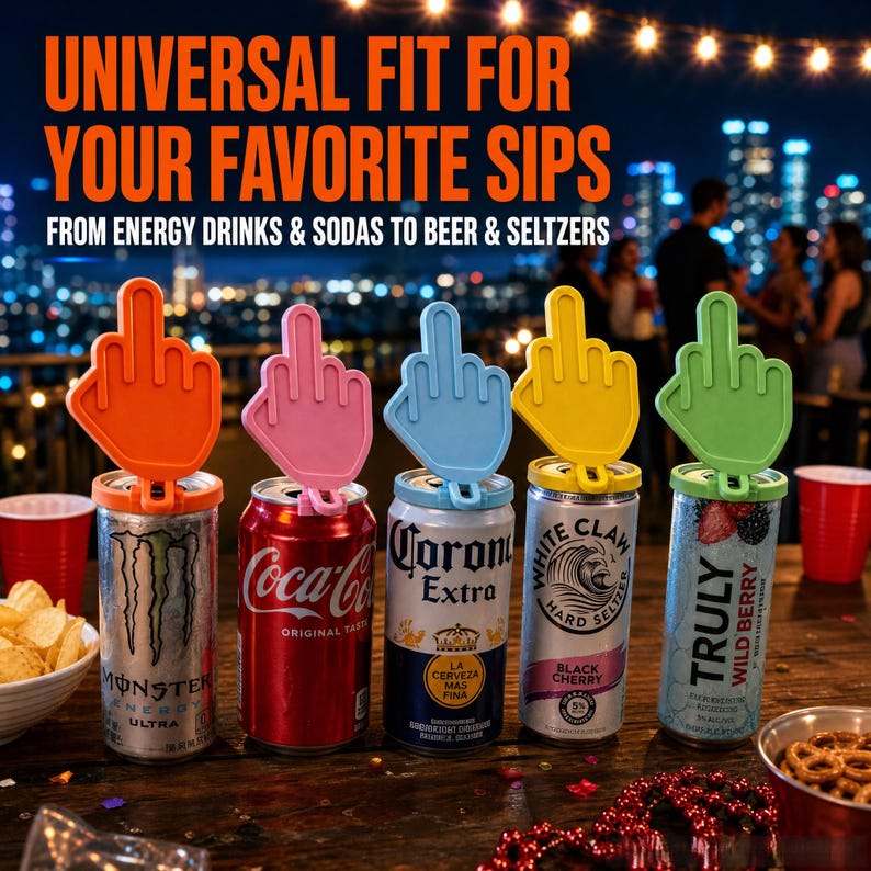 May include: Five silicone can toppers shaped like hands with the middle finger extended, in orange, pink, light blue, yellow, and green. Each topper is attached to a beverage can, including Monster, Coca-Cola, Corona, White Claw, and Truly.