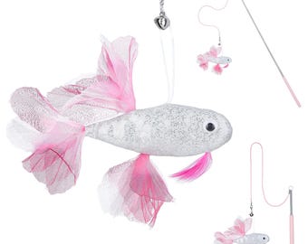 Cat Wand Toys for Indoor, Retractable Wand Toy, Pink Fish with Catnip and Bell, Cat Fishing Pole Toy for Bored Indoor Cat Chase and Exercise
