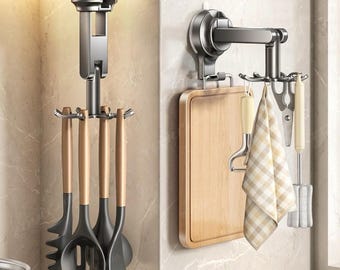 No-Drill Suction Cup Kitchen Utensil Holder | 360 Rotating Hooks | 2 Mount Styles, Wall & Under Cabinet