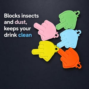 May include: Five silicone drink covers shaped like hands with extended middle fingers in green, pink, light blue, yellow, and orange. The text reads: Blocks insects and dust, keeps your drink clean. These covers are designed to sit atop beverage containers.