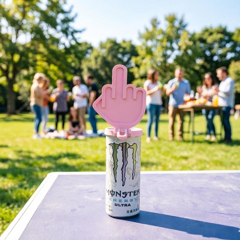 May include: A white Monster Energy Ultra can topped with a light pink plastic lid featuring a raised middle finger hand gesture. The can displays the black and green Monster logo and text on its cylindrical surface, standing on a flat purple surface.