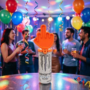 May include: A white Monster Ultra energy drink can topped with a bright orange plastic lid shaped like a hand making an obscene gesture. The can features the black Monster logo and text, sitting on a metallic surface in a party setting.