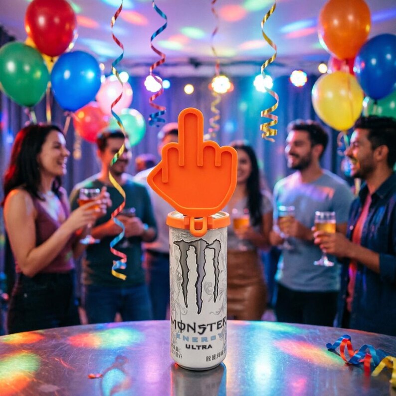 May include: A white Monster Ultra energy drink can topped with a bright orange plastic lid shaped like a hand making an obscene gesture. The can features the black Monster logo and text, sitting on a metallic surface in a party setting.