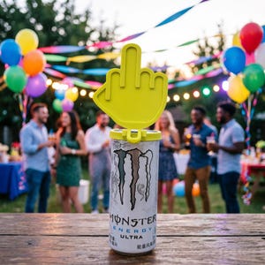 May include: A white Monster Energy Ultra can topped with a bright yellow plastic accessory shaped like a hand making an obscene gesture. The can features the black Monster logo and text, sitting on a wooden surface with a party setting in the background.
