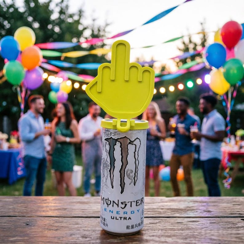 May include: A white Monster Energy Ultra can topped with a bright yellow plastic accessory shaped like a hand making an obscene gesture. The can features the black Monster logo and text, sitting on a wooden surface with a party setting in the background.