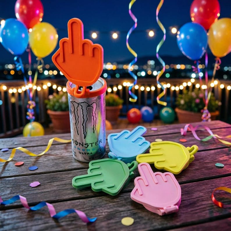 May include: A silver Monster Energy drink can with a bright orange silicone middle finger hand topper attached to the top. Four additional silicone hand toppers in light blue, yellow, green, and pink are arranged on the wooden surface.