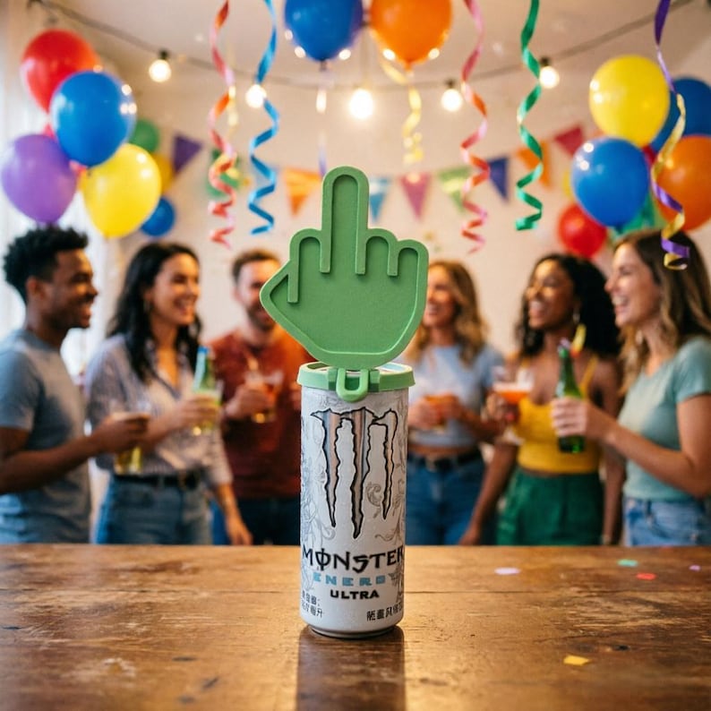 May include: A light green plastic middle finger hand topper attached to a white Monster Ultra energy drink can. The topper features a flat, stylized hand gesture design and is positioned directly on top of the beverage can lid.