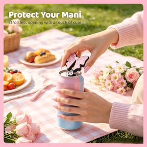May include: A pink and blue can being opened with a butterfly-shaped bottle opener. The opener is pink with a black outline. The text "Protect Your Mani" and "Effortless opening with a touch of cute" is visible in the image.