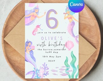 Mermaid Party Birthday Invitation Template | Editable Kids Party Invite | Mermaid Swim Party Invite | Pink Mermaid Party | Instant Download