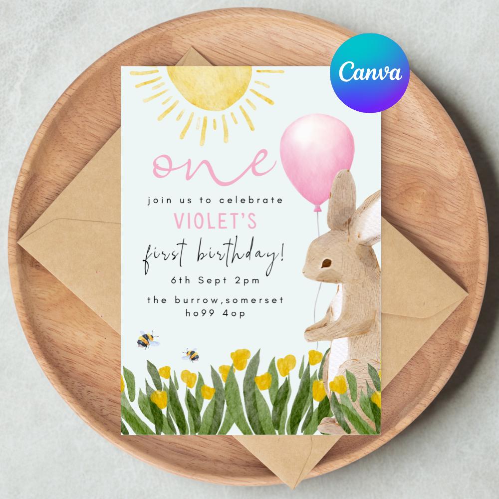 Whimsical Bunny Birthday Invitation | Editable Girls Party Invite | Girls Birthday Party | Cute Bunnies | Instant Download | Canva