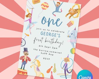 Fun Circus Themed Party Invitation - Kids Birthday Invite, Carnival, Acrobats. Gymnastics | Printable Children&#39;s Invite | Canva Template