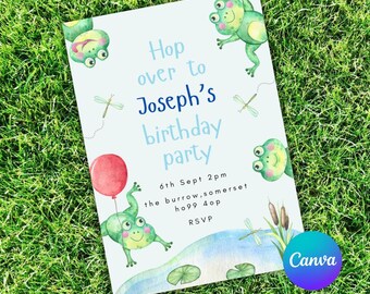 Frog Themed Kids Party Invitation - Instant Download - Hoppy Birthday, Swimming Party, Editable Printable, Boys Birthday Invite Template