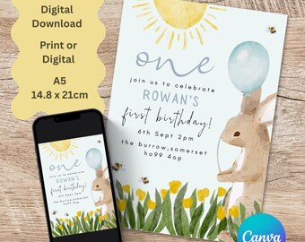 Whimsical Bunny First Birthday Invitation | Editable Canva Template (Digital Download)
