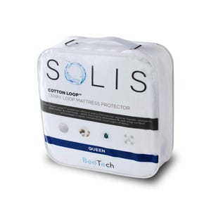 May include: A white SOLIS Cotton Loop Terry Loop mattress protector in a zippered case with a handle. The text "QUEEN" is visible, indicating the size. The case features a blue and black stripe.