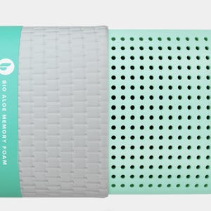 May include: A rectangular memory foam pillow with a light gray woven cover and a mint green perforated foam core. A mint green band with the text "BIO ALOE MEMORY FOAM" wraps around the pillow, featuring a white logo.